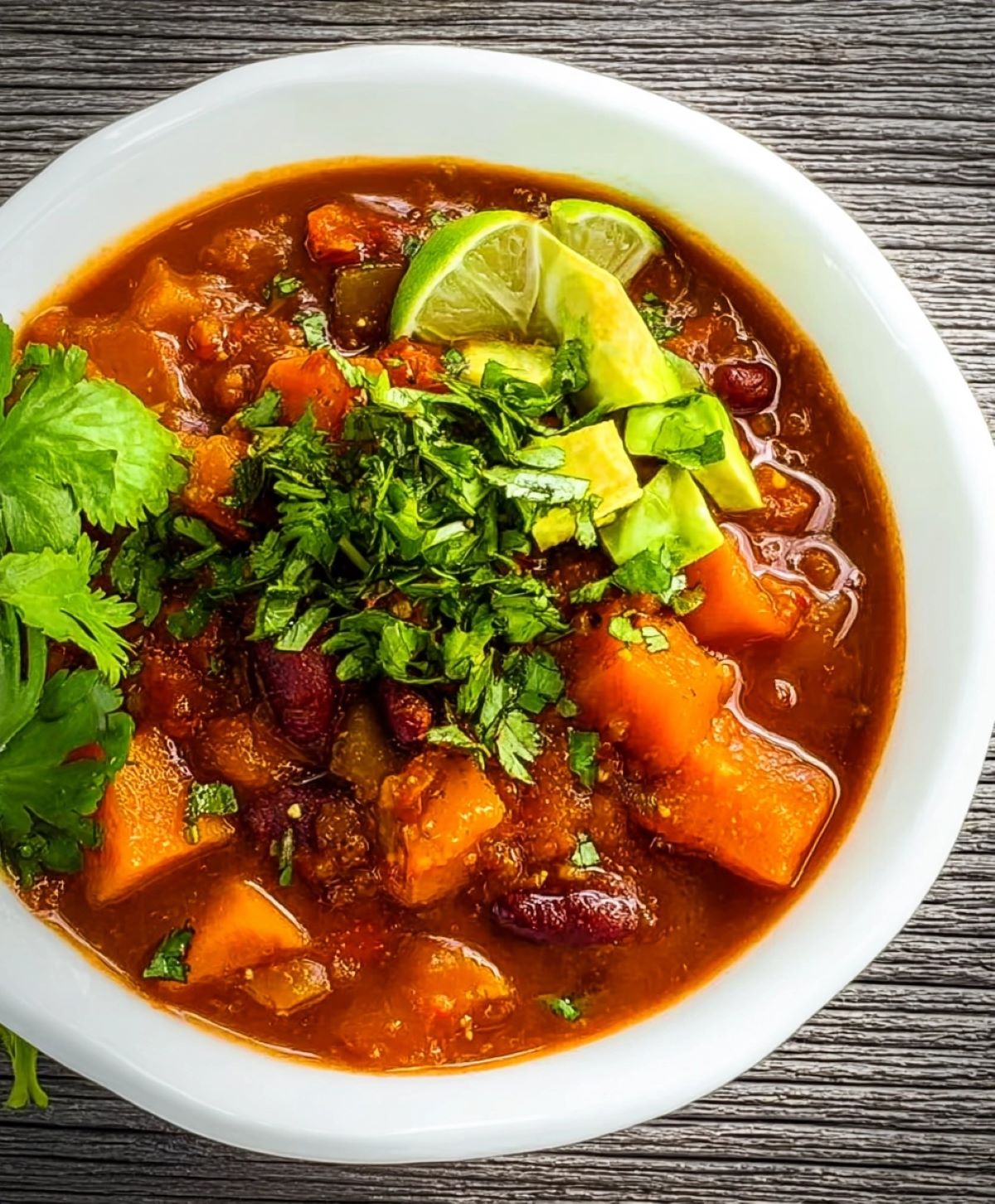 Hearty bowl of Smokey Butternut Chili with avocado and lime