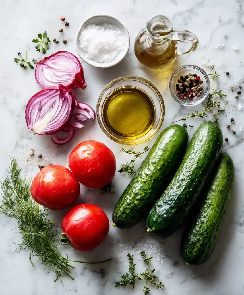 Marinated Cucumbers, Onions and Tomatoes – Refreshing Summer Salad - Ingredients