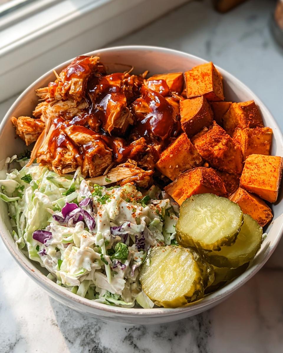 BBQ Chicken Bowls with Sweet Potatoes, Coleslaw, and Pickles - detail 1