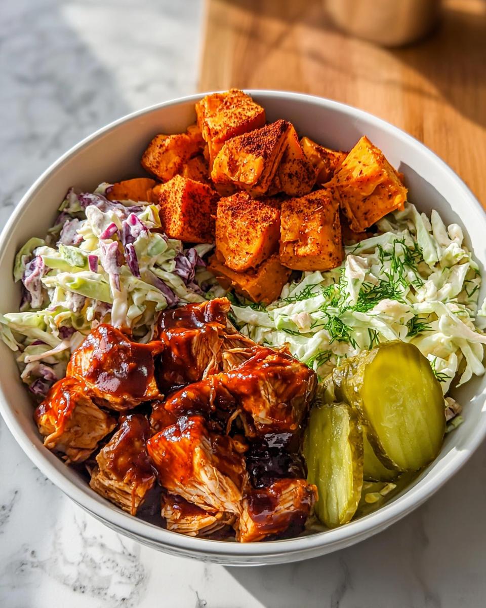 BBQ Chicken Bowls with Sweet Potatoes, Coleslaw, and Pickles - detail 2