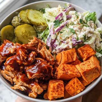 BBQ Chicken Bowls with Sweet Potatoes, Coleslaw, and Pickles