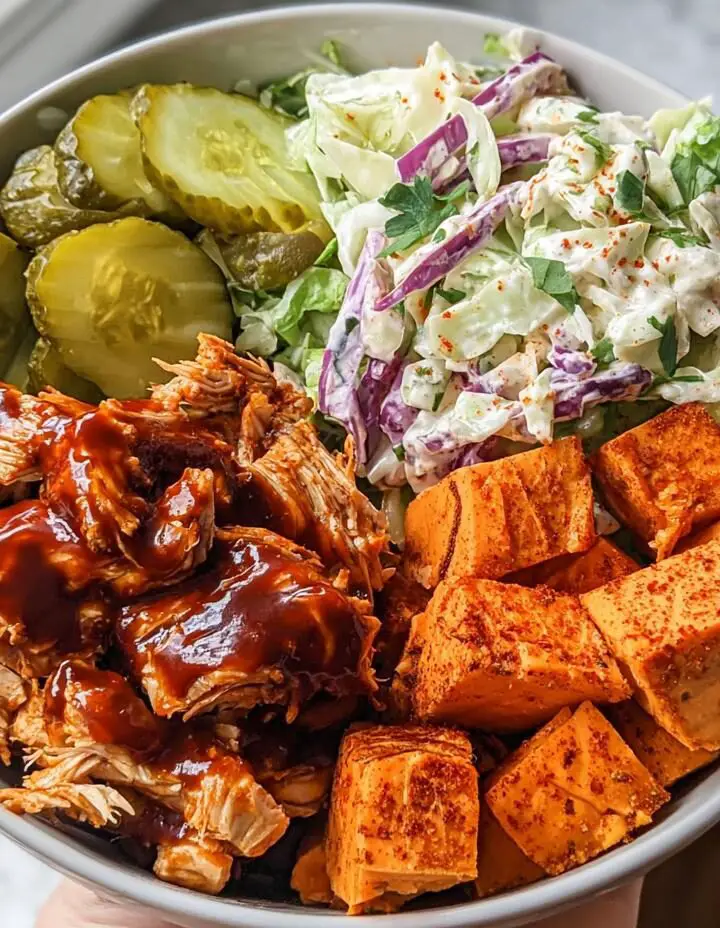 BBQ Chicken Bowls with Sweet Potatoes, Coleslaw, and Pickles