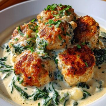Baked Chicken Ricotta Meatballs with Spinach Alfredo Sauce