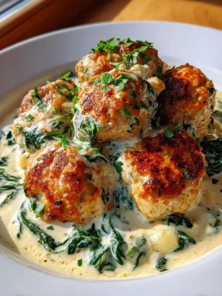 Baked Chicken Ricotta Meatballs with Spinach Alfredo Sauce