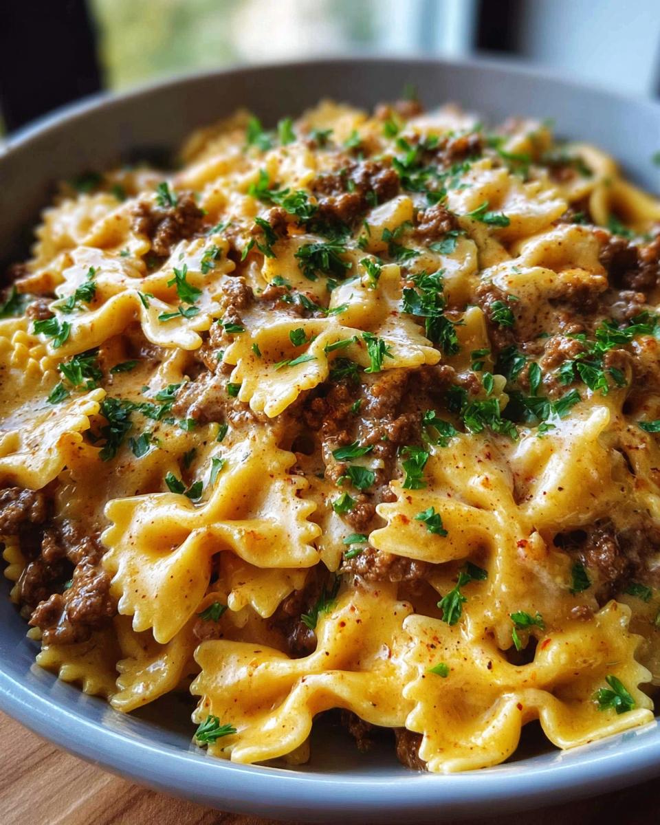 Cajun Cream Cheese Alfredo Bowties with Spiced Ground Beef - detail 1