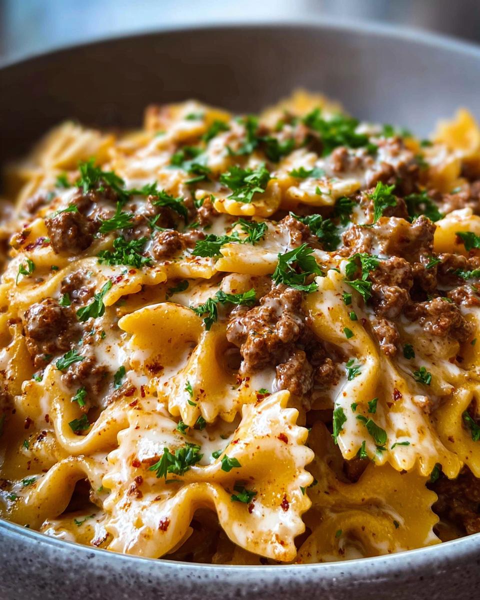 Cajun Cream Cheese Alfredo Bowties with Spiced Ground Beef - detail 2