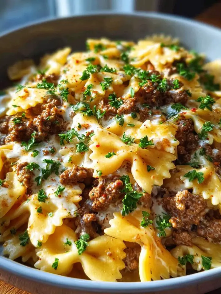 Cajun Cream Cheese Alfredo Bowties with Spiced Ground Beef