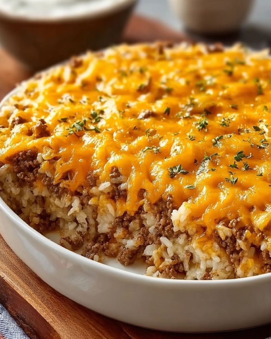 Cheddar-Crusted Ground Beef and Rice Casserole