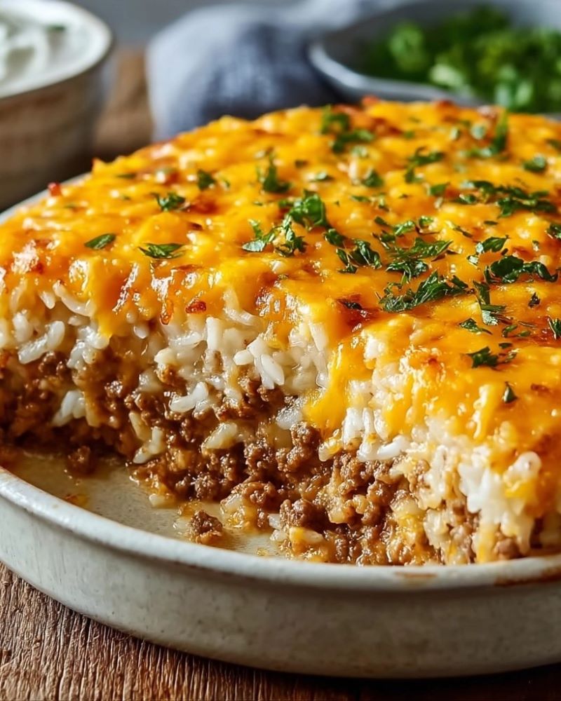 Cheddar-Crusted Ground Beef and Rice Casserole