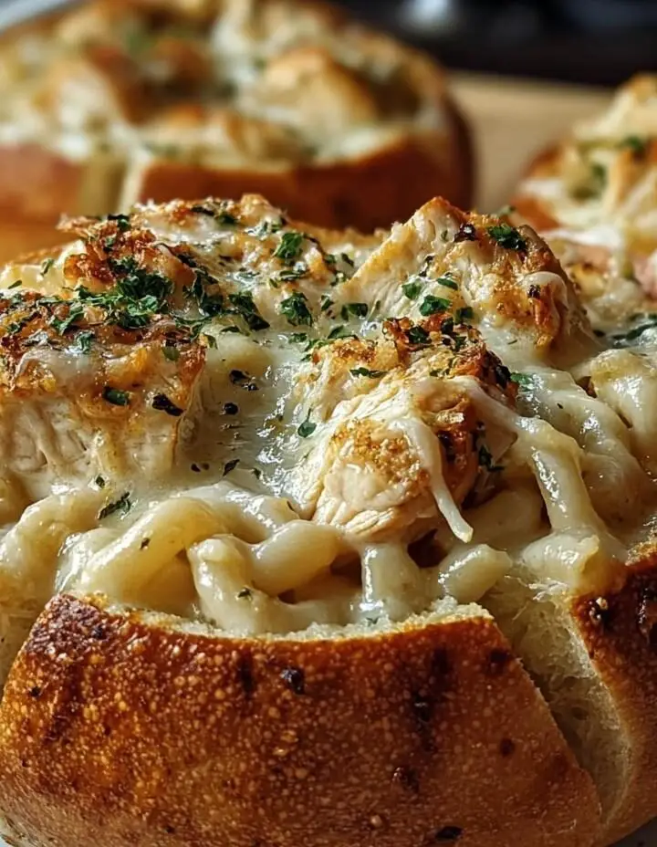 Chicken Alfredo Garlic Bread Bowls