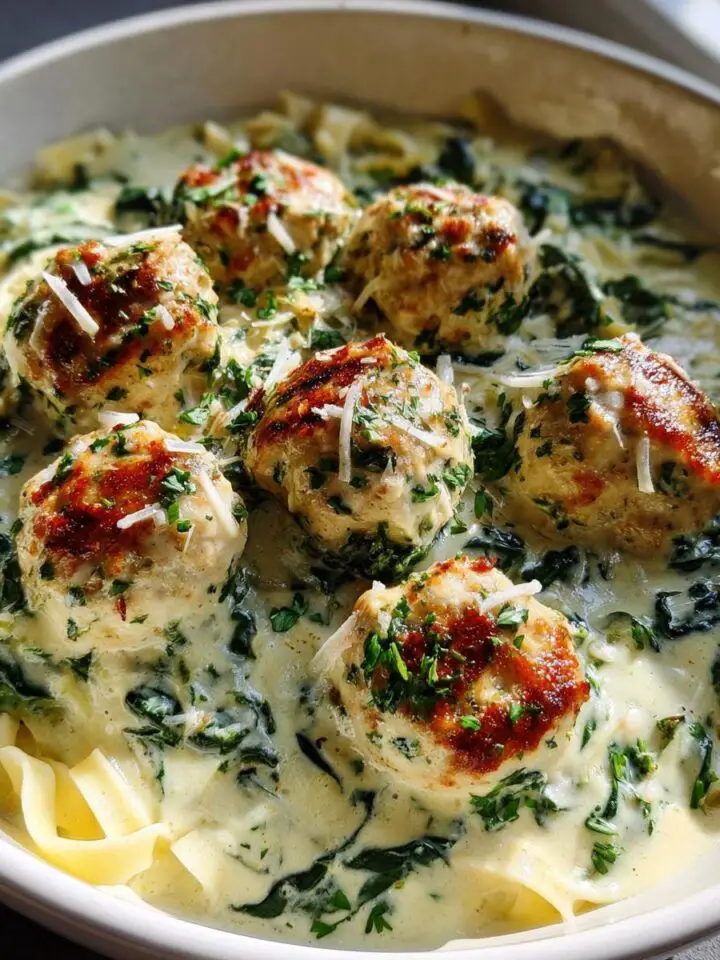 Chicken Ricotta Meatballs in Spinach Alfredo Sauce