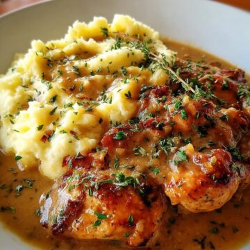 Chicken and Garlic Gravy with Cheesy Mashed Potatoes