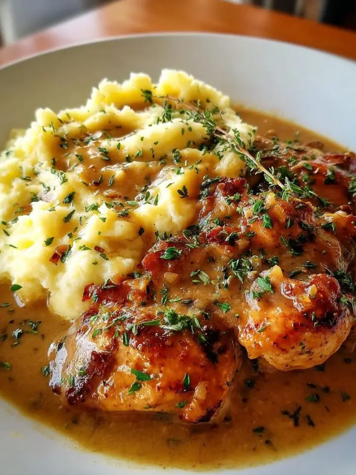 Chicken and Garlic Gravy with Cheesy Mashed Potatoes