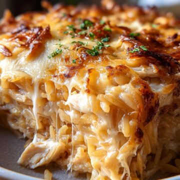 French Onion Chicken Orzo Casserole