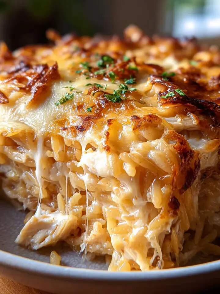French Onion Chicken Orzo Casserole