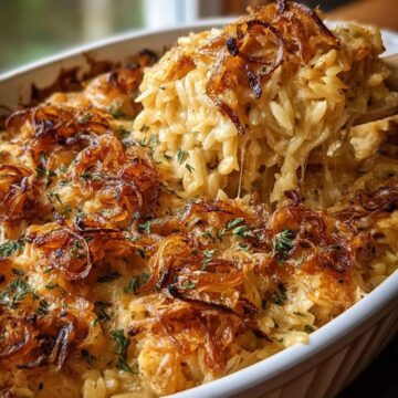 French Onion Chicken Orzo Casserole