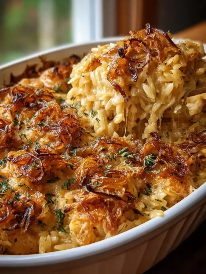 French Onion Chicken Orzo Casserole