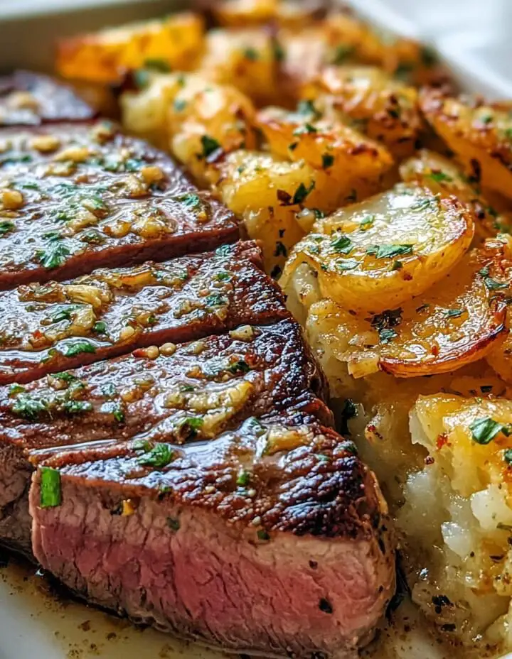 Garlic Butter Steak & Cheddar Potato Bake