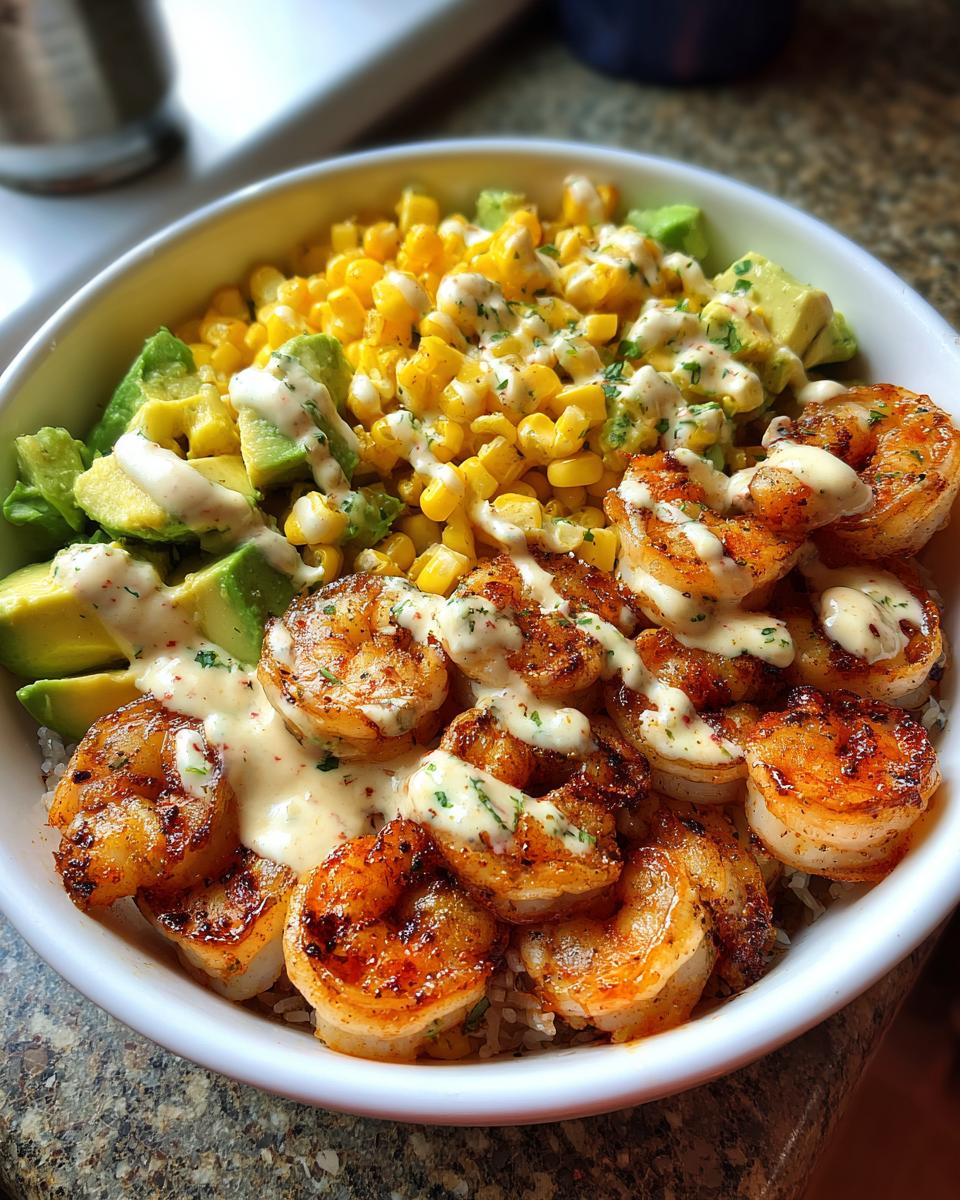Grilled Shrimp Bowl with Avocado, Corn Salsa & Creamy Garlic Sauce - detail 1