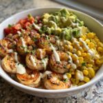 Grilled Shrimp Bowl with Avocado, Corn Salsa & Creamy Garlic Sauce