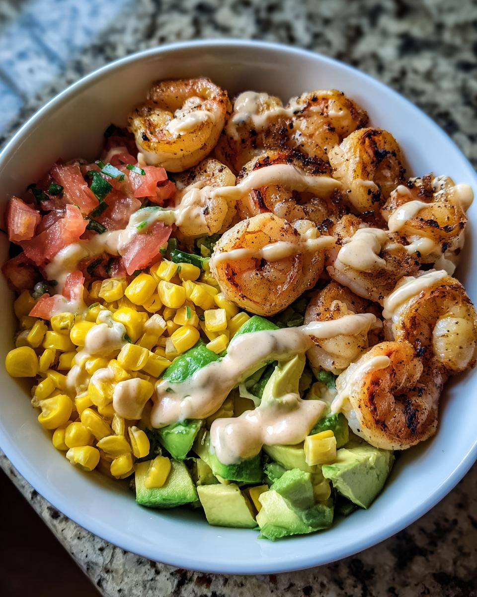 Grilled Shrimp Bowl with Avocado, Corn Salsa & Creamy Garlic Sauce - detail 2
