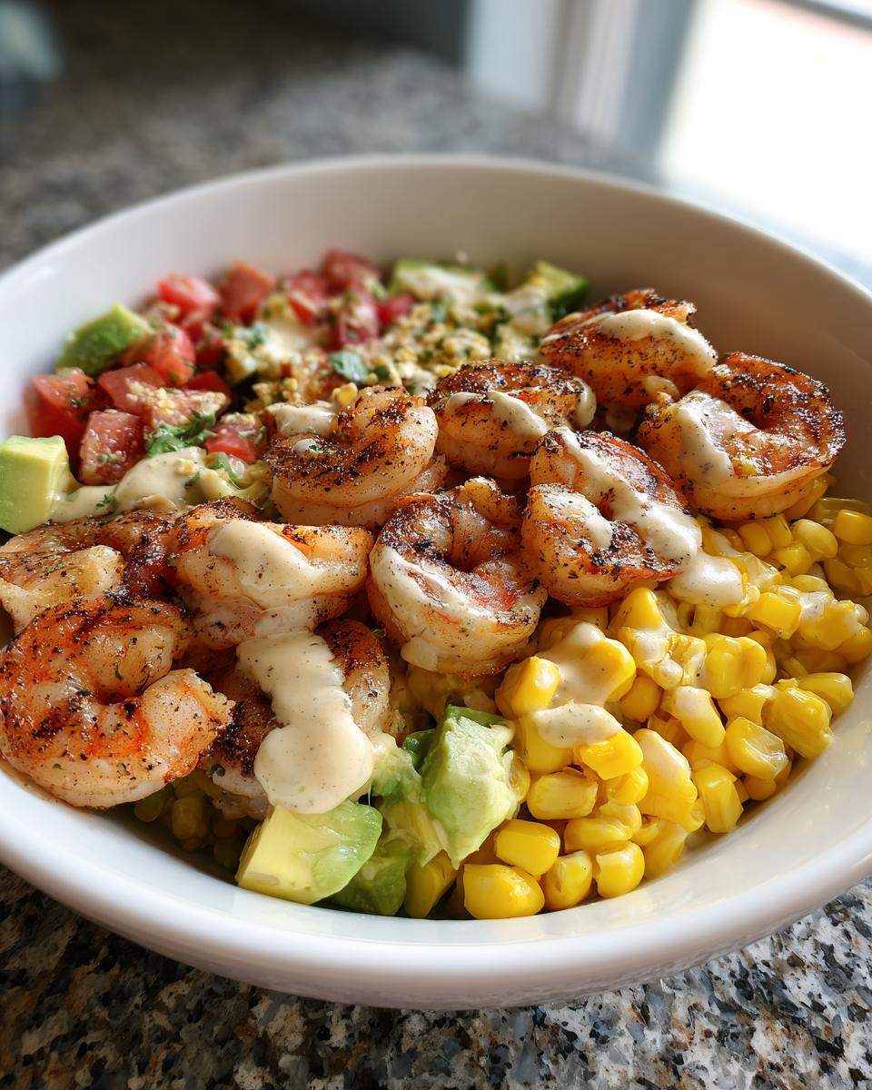 Grilled Shrimp Bowl with Avocado, Corn Salsa & Creamy Garlic Sauce - detail 3