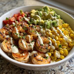 Grilled Shrimp Bowl with Avocado, Corn Salsa & Creamy Garlic Sauce