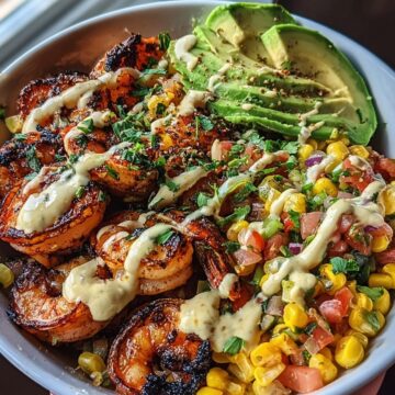 Grilled Shrimp Bowl with Avocado, Corn Salsa & Creamy Garlic Sauce