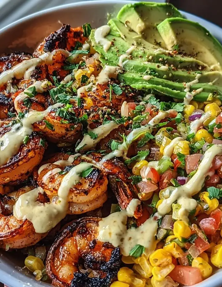 Grilled Shrimp Bowl with Avocado, Corn Salsa & Creamy Garlic Sauce