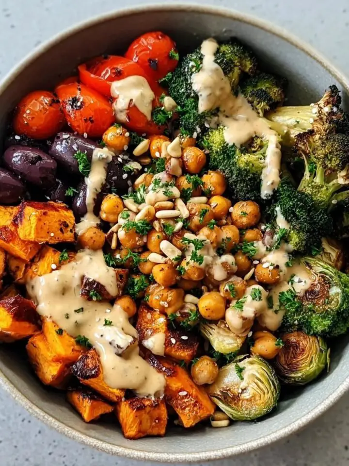 Mediterranean Roasted Veggie & Chickpea Bowls with Tahini Dressing