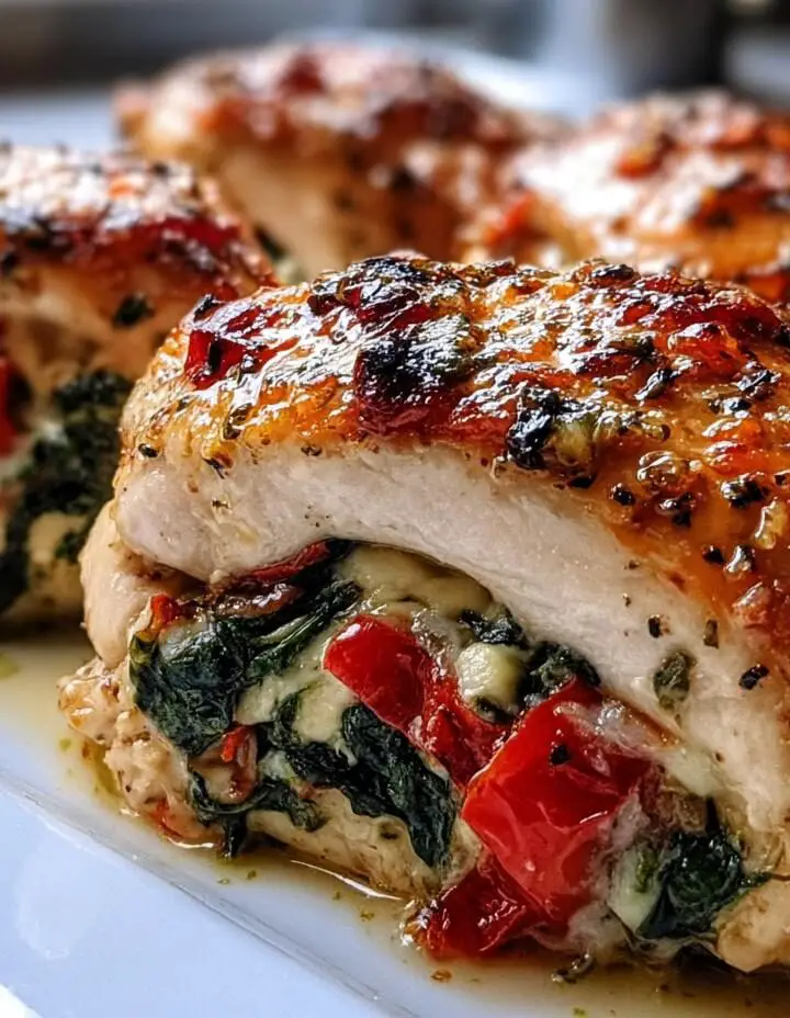 Roasted Red Pepper, Spinach, and Mozzarella Stuffed Chicken