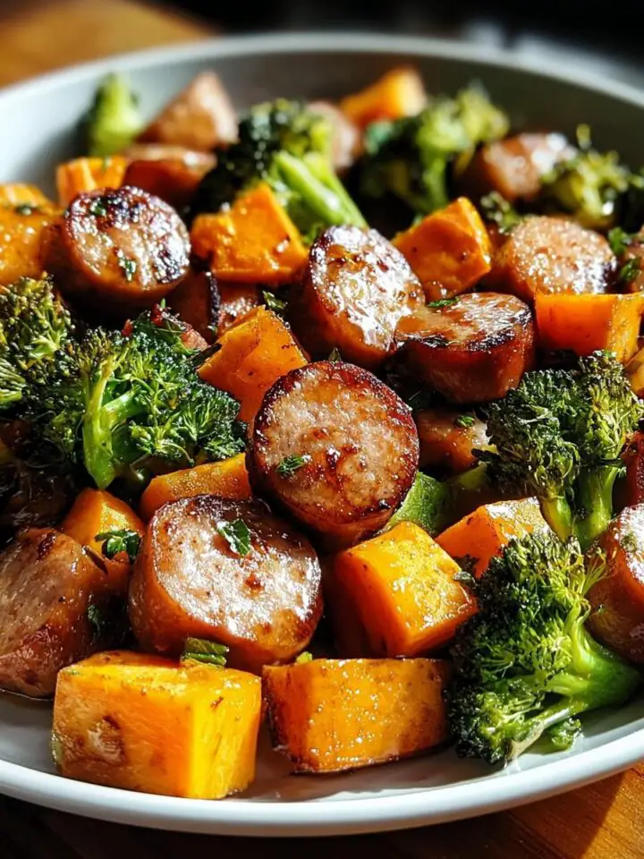 Sheet Pan Sausage and Sweet Potatoes with Honey Garlic Sauce