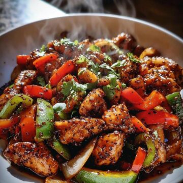 Sizzling Black Pepper Chicken with Crisp Veggies & Garlic Soy Glaze