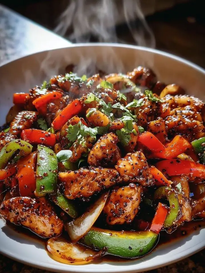 Sizzling Black Pepper Chicken with Crisp Veggies & Garlic Soy Glaze