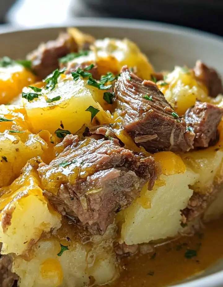 Slow Cooker Steak and Cheddar Potato Casserole