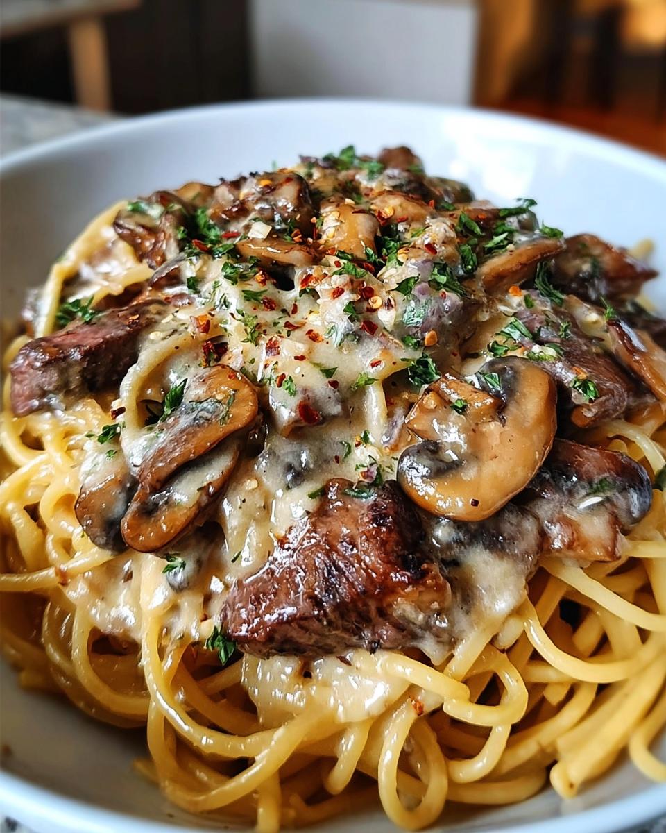Steak Spaghetti with Mushrooms and Onions in Cream Sauce - detail 1