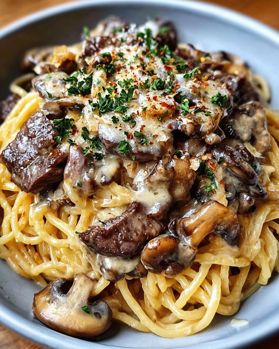 Steak Spaghetti with Mushrooms and Onions in Cream Sauce - detail 2