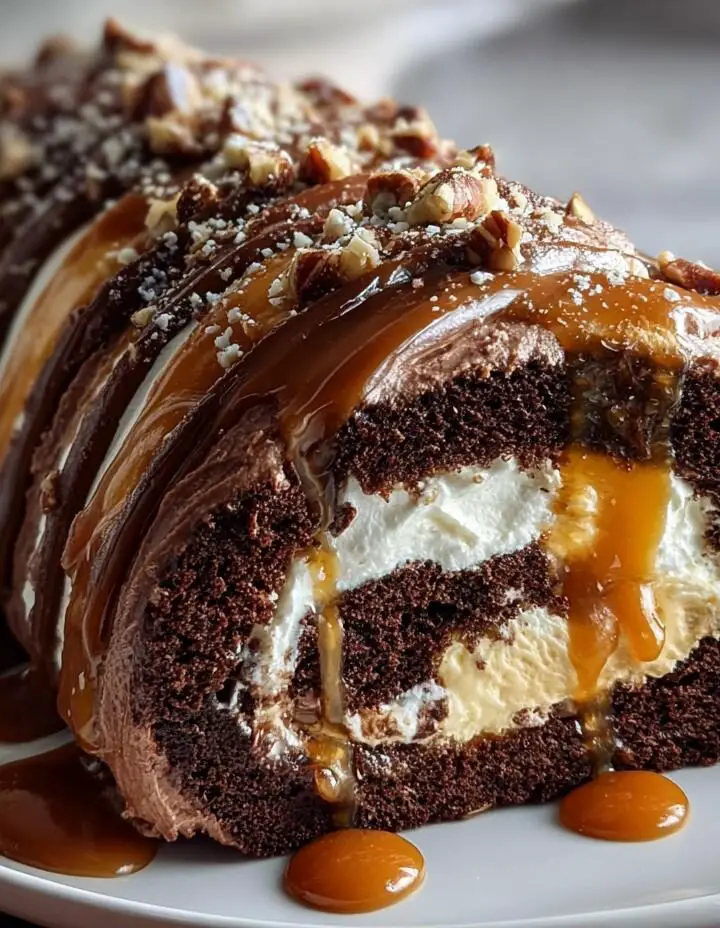 Turtle Caramel Chocolate Cake Roll