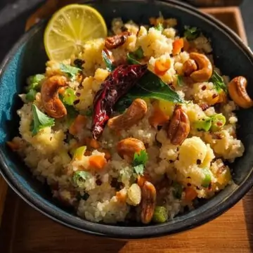 Hot vegetable upma recipe served in bowl with garnishes